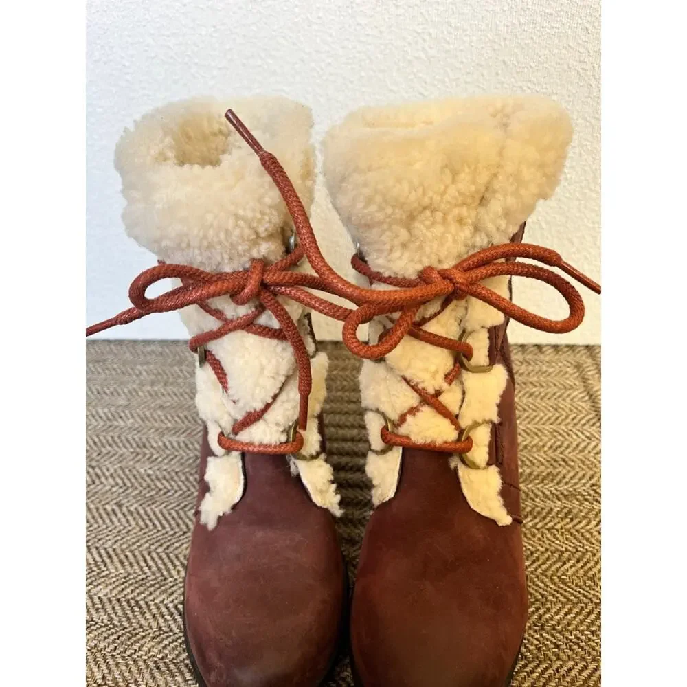 Sorel Joan of Arctic II size 6 Burgundy Suede Lace-Up Boots Shearling